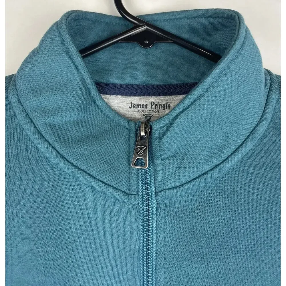 James Pringle Full Zip Sweater Mens M Green Cardigan Jacket Mock Neck Jumper